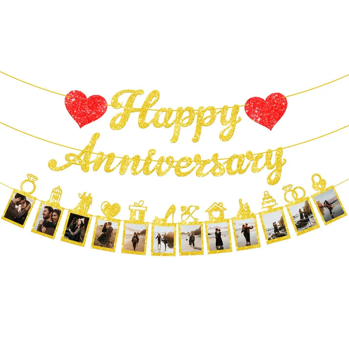 Gold Glitter Happy Anniversary Photo Banner – Hanging Decoration
